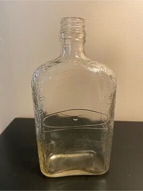 Vintage Clear Glass Whiskey Bottle, Embossed Bell Design